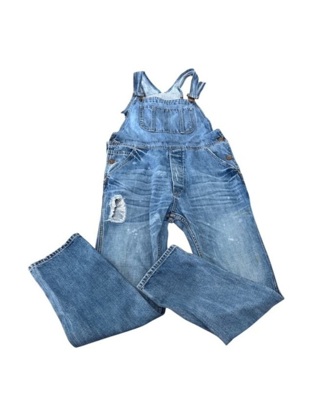 NSF Blue Denim Womens Overalls Adjustable Straps Button Small Distressed Spots
